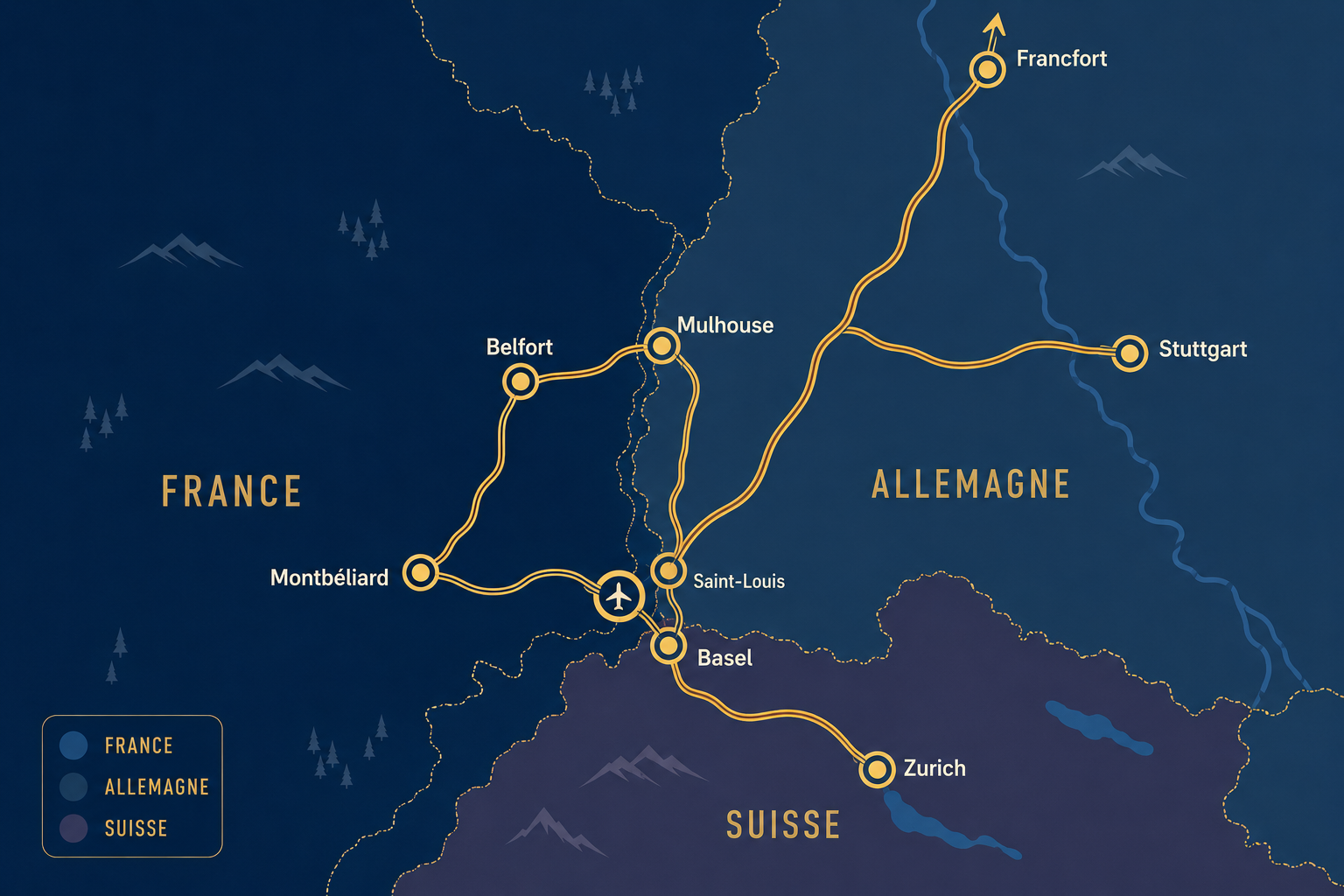 Zone d'intervention CruiseTransport — Montbéliard, Belfort, Mulhouse, Bâle, Zurich, Stuttgart, Francfort
